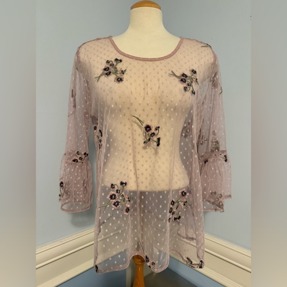 Solitaire - sheer floral embroidered polkadot blouse